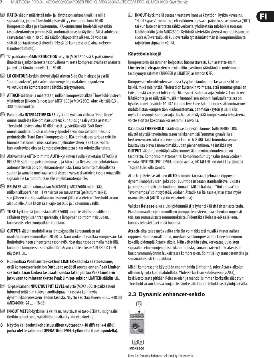 Siksi suhdearvo saavutetaan ensin 10 db:stä säädön yläpuolelta alkaen. Se voidaan säätää portaattomasti alueella 1:1:stä (ei kompressiota) aina :1:een (Limiter-toiminto).