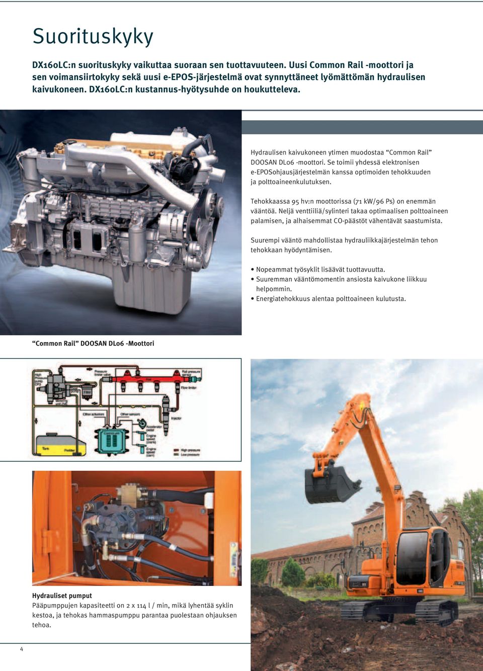 Hydraulisen kaivukoneen ytimen muodostaa Common Rail DOOSAN DL06 -moottori. Se toimii yhdessä elektronisen e-eposohjausjärjestelmän kanssa optimoiden tehokkuuden ja polttoaineenkulutuksen.