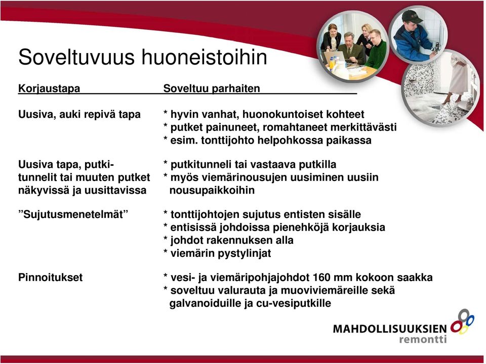 tonttijohto helpohkossa paikassa * putkitunneli tai vastaava putkilla * myös viemärinousujen uusiminen uusiin nousupaikkoihin * tonttijohtojen sujutus entisten