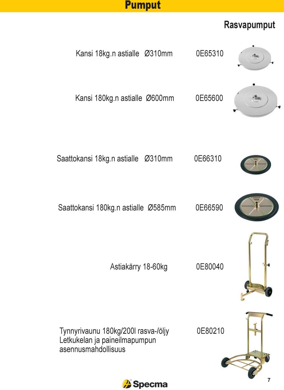 n astialle Ø310mm 0E66310 Saattokansi 180kg.