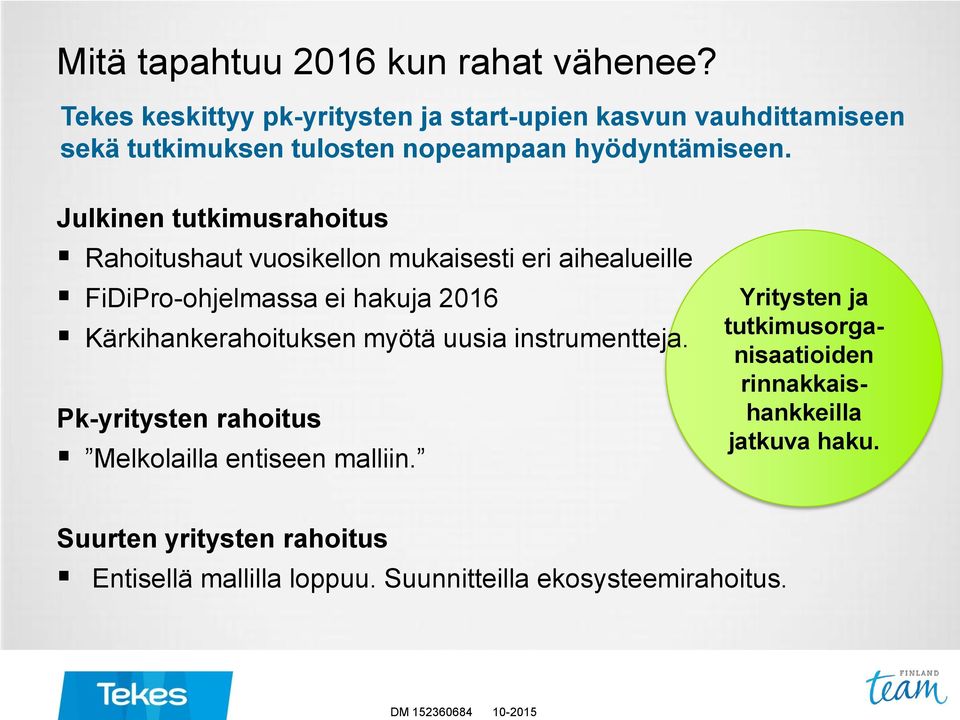 Julkinen tutkimusrahoitus Rahoitushaut vuosikellon mukaisesti eri aihealueille FiDiPro-ohjelmassa ei hakuja 2016 Kärkihankerahoituksen