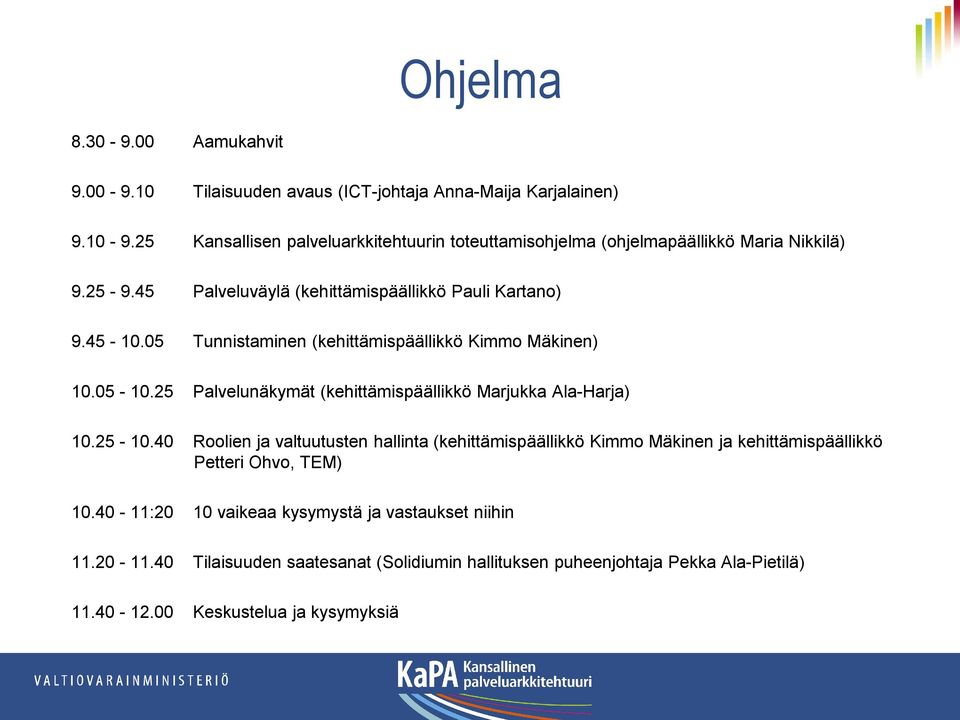 05 Tunnistaminen (kehittämispäällikkö Kimmo Mäkinen) 10.05-10.25 Palvelunäkymät (kehittämispäällikkö Marjukka Ala-Harja) 10.25-10.