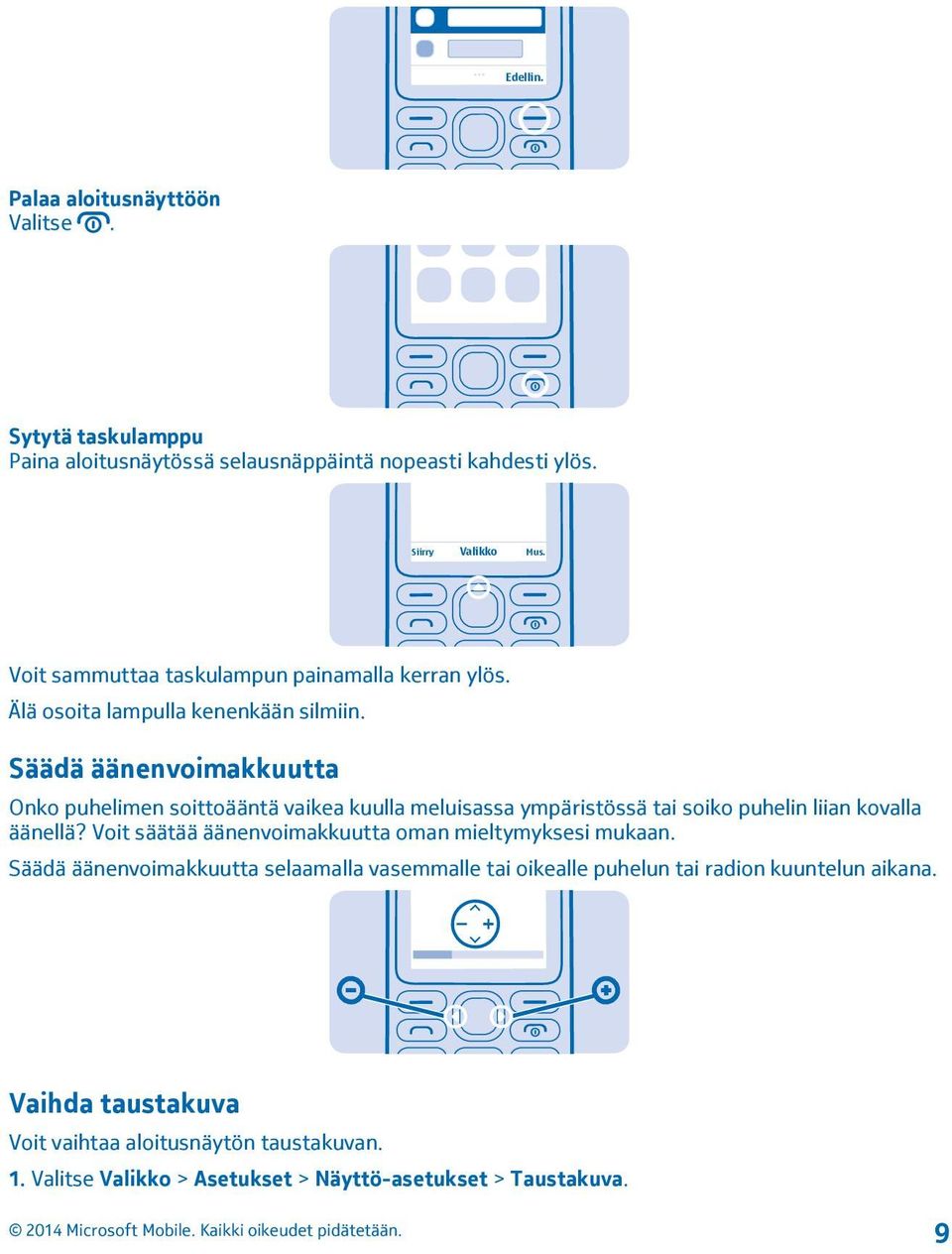 Säädä äänenvoimakkuutta Onko puhelimen soittoääntä vaikea kuulla meluisassa ympäristössä tai soiko puhelin liian kovalla äänellä?