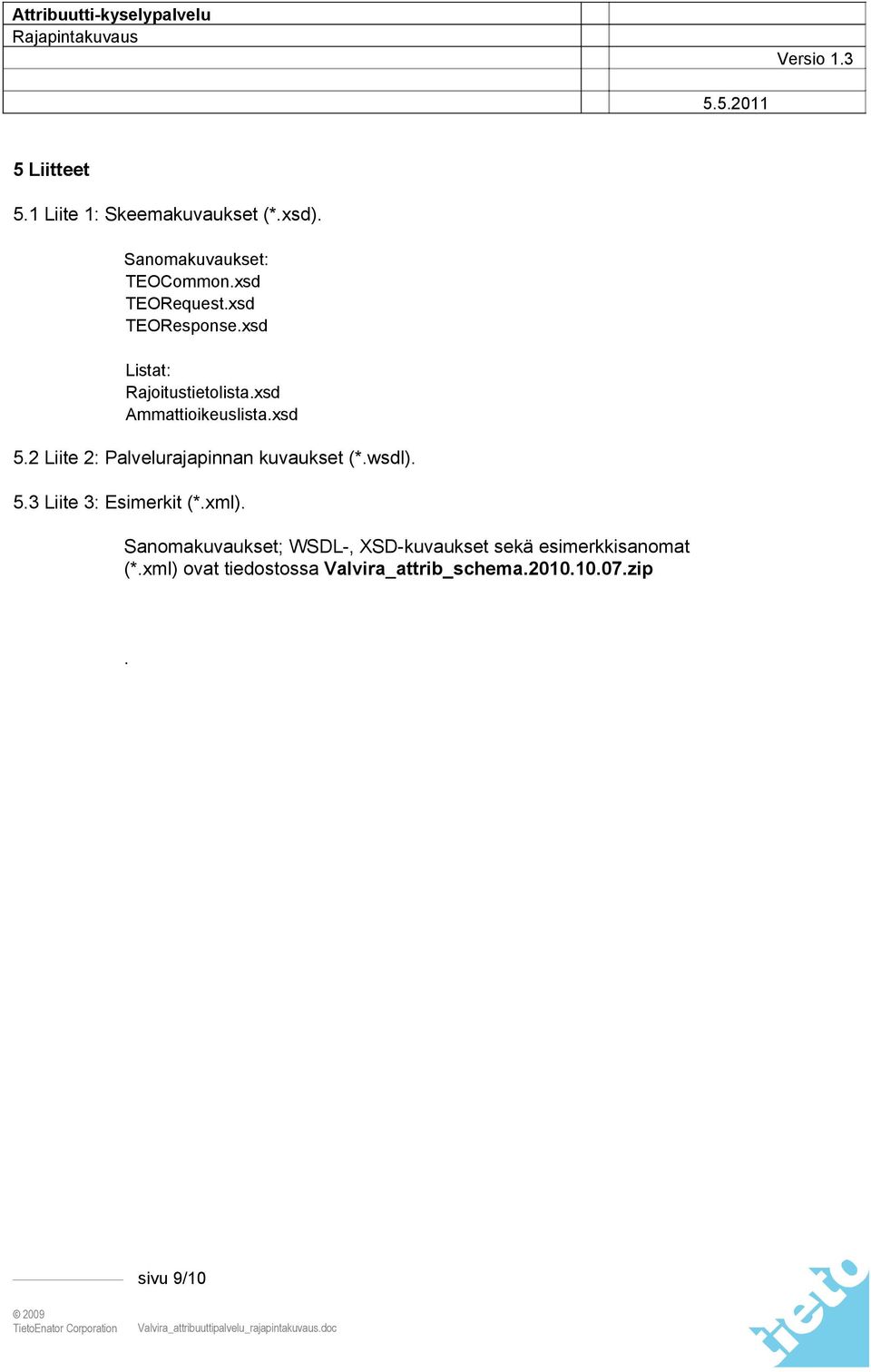 2 Liite 2: Palvelurajapinnan kuvaukset (*.wsdl). 5.3 Liite 3: Esimerkit (*.xml).