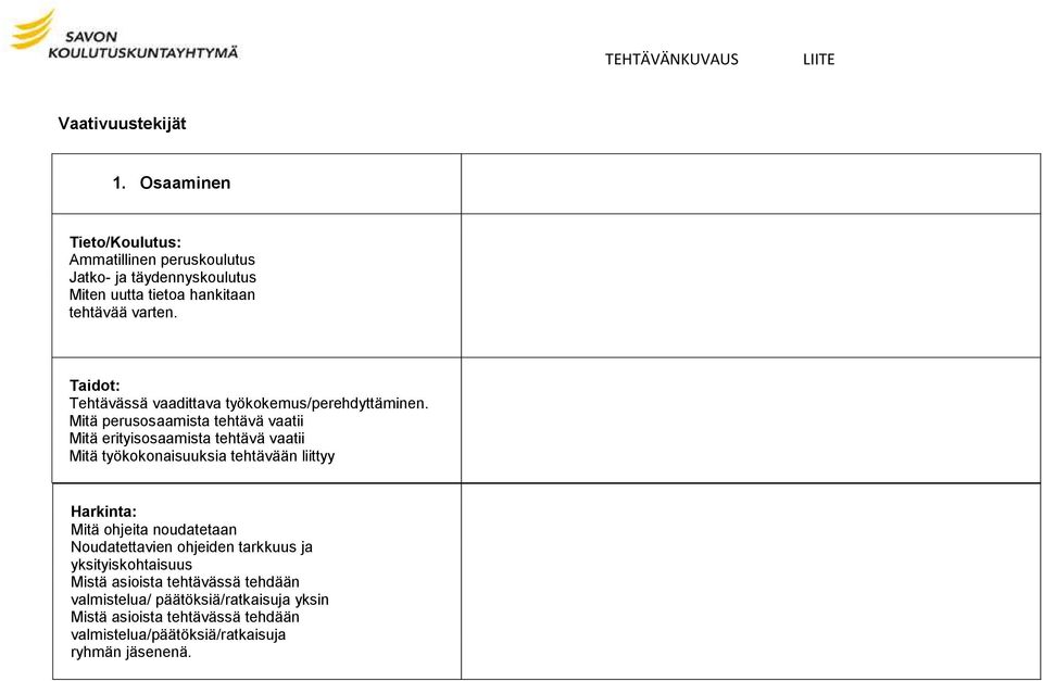 Taidot: Tehtävässä vaadittava työkokemus/perehdyttäminen.