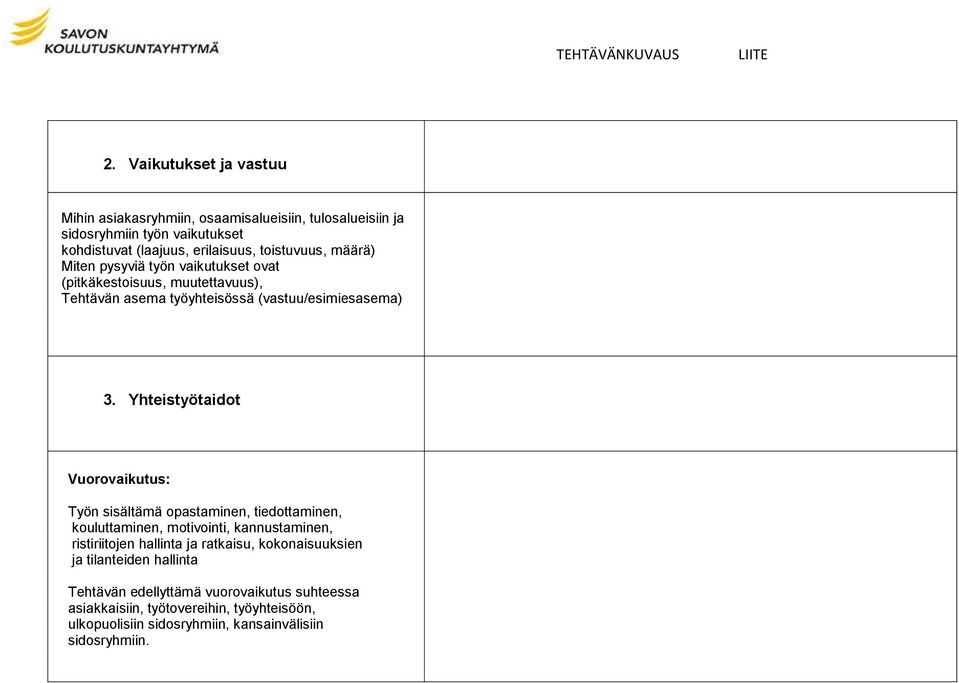 määrä) Miten pysyviä työn vaikutukset ovat (pitkäkestoisuus, muutettavuus), Tehtävän asema työyhteisössä (vastuu/esimiesasema) 3.