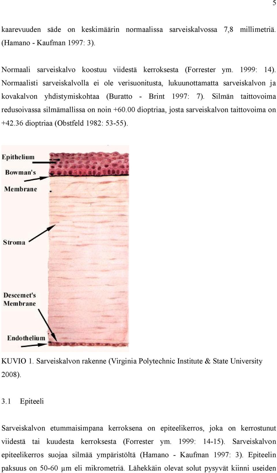 00 dioptriaa, josta sarveiskalvon taittovoima on +42.36 dioptriaa (Obstfeld 1982: 53-55). KUVIO 1. Sarveiskalvon rakenne (Virginia Polytechnic Institute & State University 2008). 3.