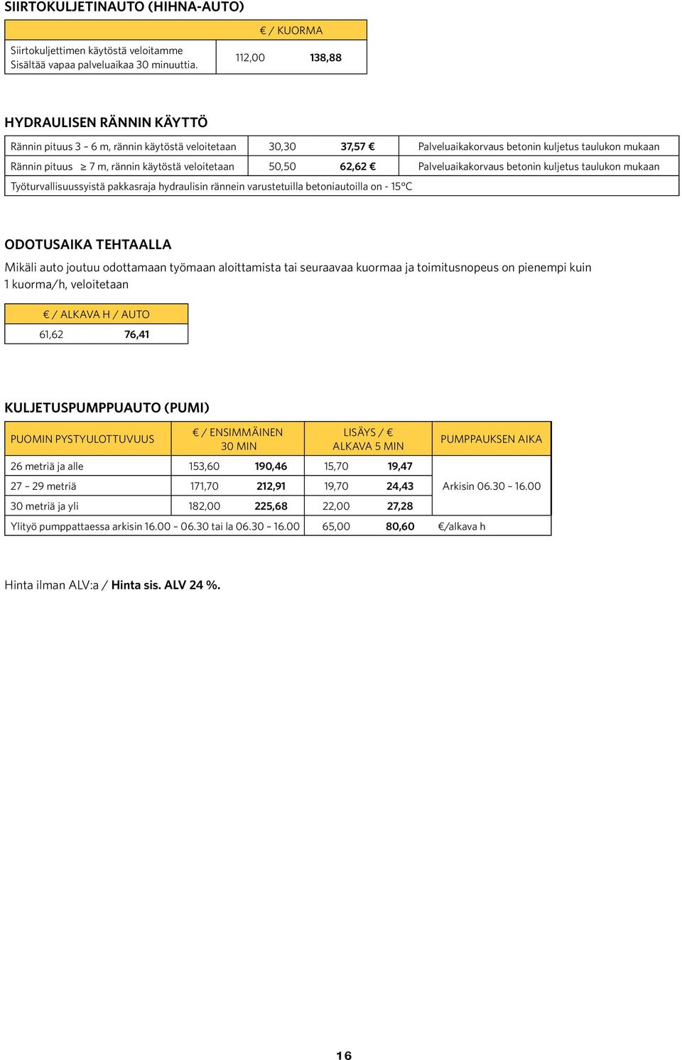 veloitetaan 50,50 62,62 Palveluaikakorvaus betonin kuljetus taulukon mukaan Työturvallisuussyistä pakkasraja hydraulisin rännein varustetuilla betoniautoilla on - 15 C ODOTUSAIKA TEHTAALLA Mikäli