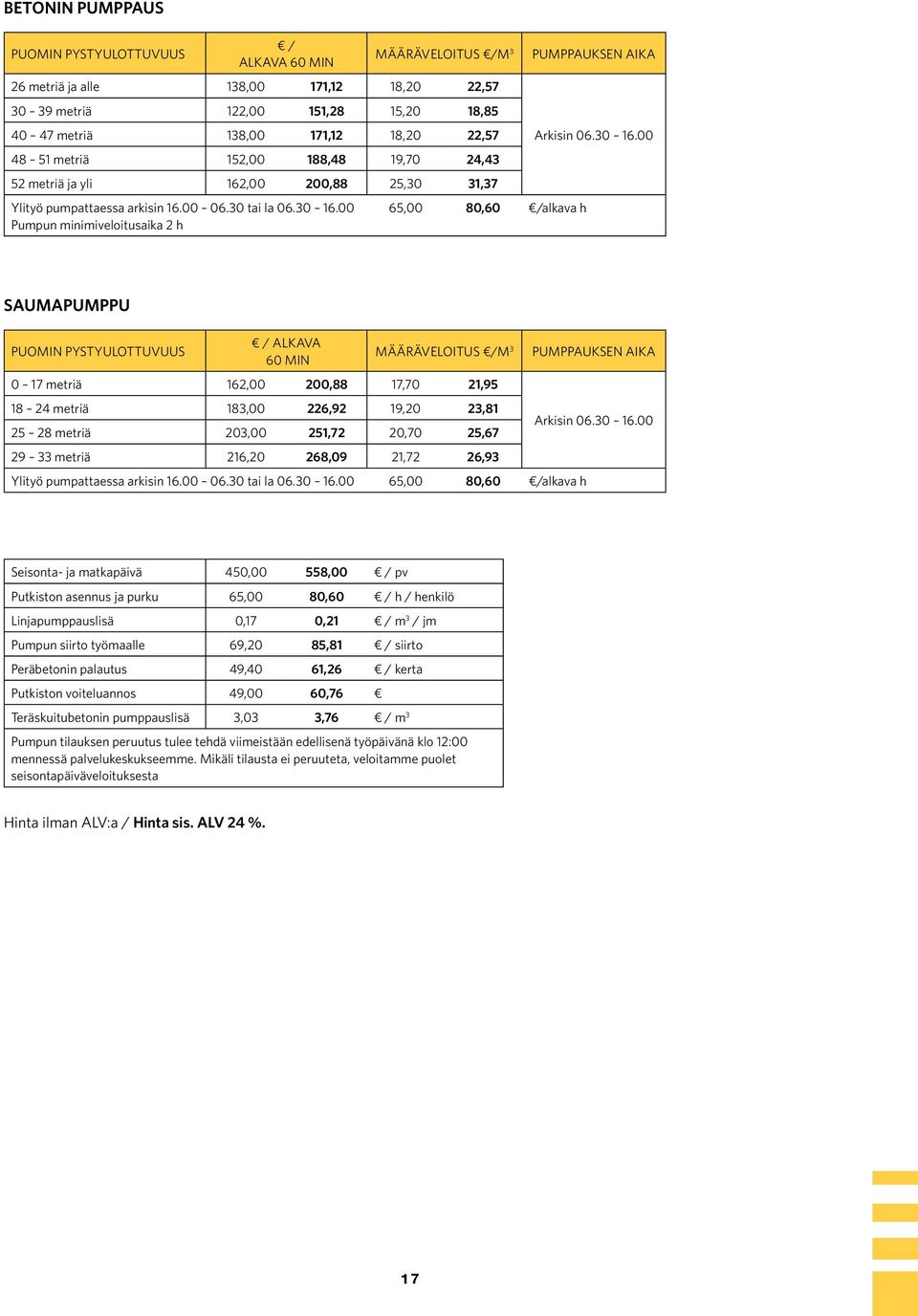 00 Pumpun minimiveloitusaika 2 h 65,00 80,60 /alkava h PUMPPAUKSEN AIKA Arkisin 06.30 16.