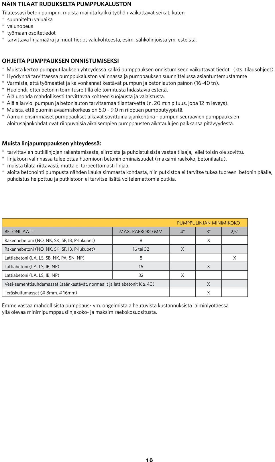 OHJEITA PUMPPAUKSEN ONNISTUMISEKSI * Muista kertoa pumpputilauksen yhteydessä kaikki pumppauksen onnistumiseen vaikuttavat tiedot (kts. tilausohjeet).