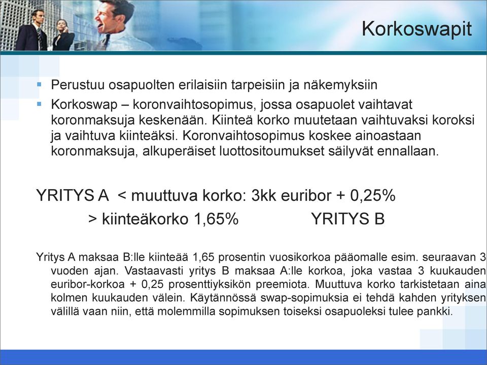 YRITYS A < muuttuva korko: 3kk euribor + 0,25% > kiinteäkorko 1,65% YRITYS B Yritys A maksaa B:lle kiinteää 1,65 prosentin vuosikorkoa pääomalle esim. seuraavan 3 vuoden ajan.