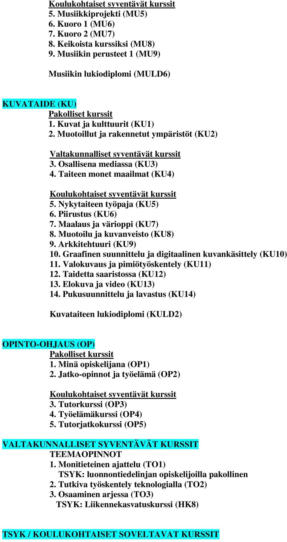 Muotoilu ja kuvanveisto (KU8) 9. Arkkitehtuuri (KU9) 10. Graafinen suunnittelu ja digitaalinen kuvankäsittely (KU10) 11. Valokuvaus ja pimiötyöskentely (KU11) 12. Taidetta saaristossa (KU12) 13.