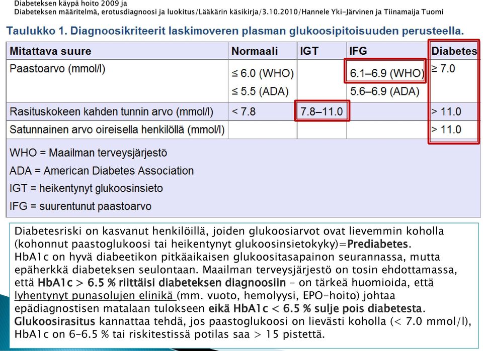 Maailman terveysjärjestö on tosin ehdottamassa, että HbA1c > 6.5 % riittäisi diabeteksen diagnoosiin on tärkeä huomioida, että lyhentynyt punasolujen elinikä (mm.