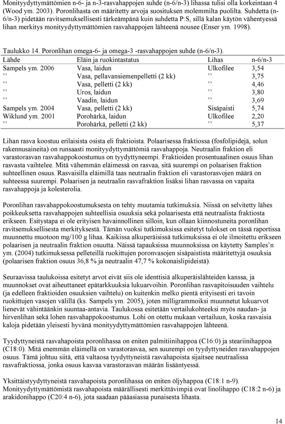 Taulukko 14. Poronlihan omega-6- ja omega-3 -rasvahappojen suhde (n-6/n-3). Lähde Eläin ja ruokintastatus Lihas n-6/n-3 Sampels ym.