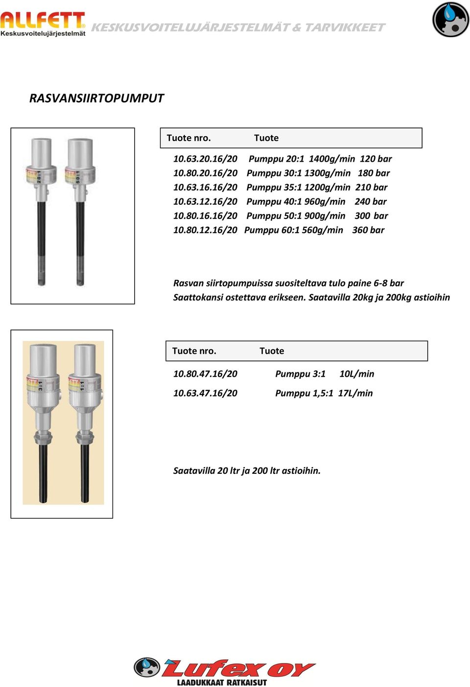 Saatavilla 20kg ja 200kg astioihin 10.80.47.16/20 Pumppu 3:1 10L/min 10.63.47.16/20 Pumppu 1,5:1 17L/min Saatavilla 20 ltr ja 200 ltr astioihin.