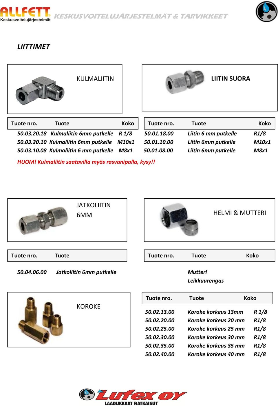 ! JATKOLIITIN 6MM HELMI & MUTTERI Koko 50.04.06.00 Jatkoliitin 6mm putkelle Mutteri Leikkuurengas KOROKE Koko 50.02.13.00 Koroke korkeus 13mm R 1/8 50.02.20.