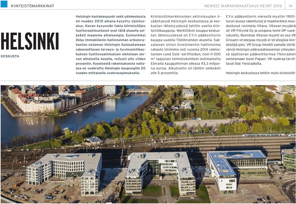 Esimerkiksi Deka Immobilienin hallinnoiman erikoisrahaston ostaman Helsingin Kalasatamaan rakennettavan terveys- ja hyvinvointikeskuksen tuottovaatimuksen oletetaan olevan alhaisella tasolla,