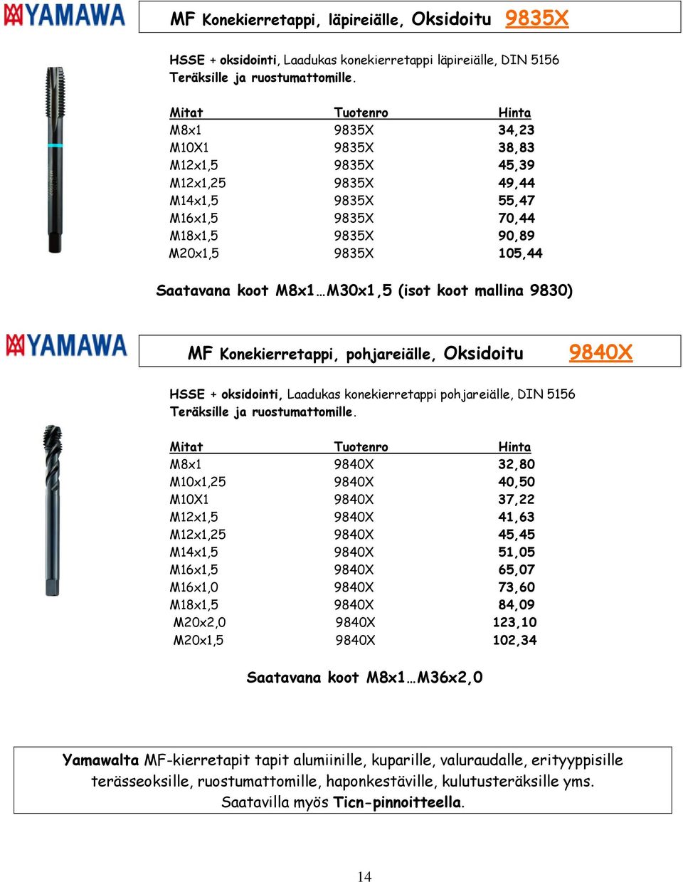 M30x1,5 (isot koot mallina 9830) MF Konekierretappi, pohjareiälle, Oksidoitu 9840X HSSE + oksidointi, Laadukas konekierretappi pohjareiälle, DIN 5156 Teräksille ja ruostumattomille.