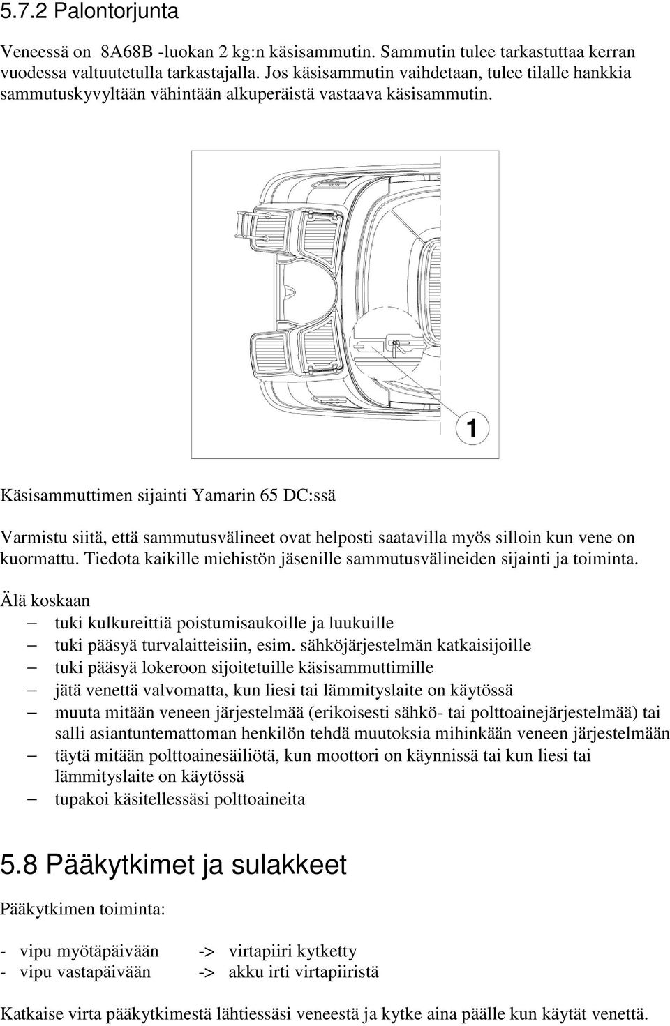 Käsisammuttimen sijainti Yamarin 65 DC:ssä Varmistu siitä, että sammutusvälineet ovat helposti saatavilla myös silloin kun vene on kuormattu.