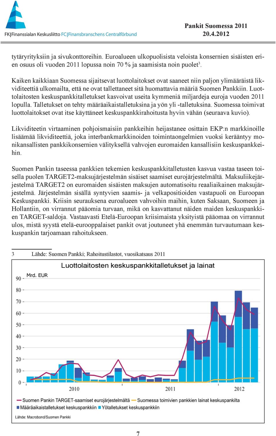 Luottolaitosten keskuspankkitalletukset kasvoivat useita kymmeniä miljardeja euroja vuoden 2011 lopulla. Talletukset on tehty määräaikaistalletuksina ja yön yli -talletuksina.