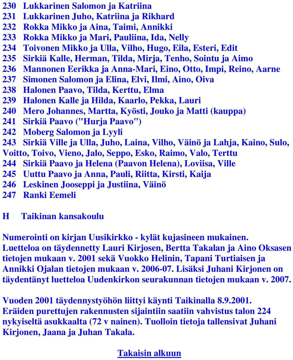 Aino, Oiva 238 Halonen Paavo, Tilda, Kerttu, Elma 239 Halonen Kalle ja Hilda, Kaarlo, Pekka, Lauri 240 Mero Johannes, Martta, Kyösti, Jouko ja Matti (kauppa) 241 Sirkiä Paavo ("Hurja Paavo") 242