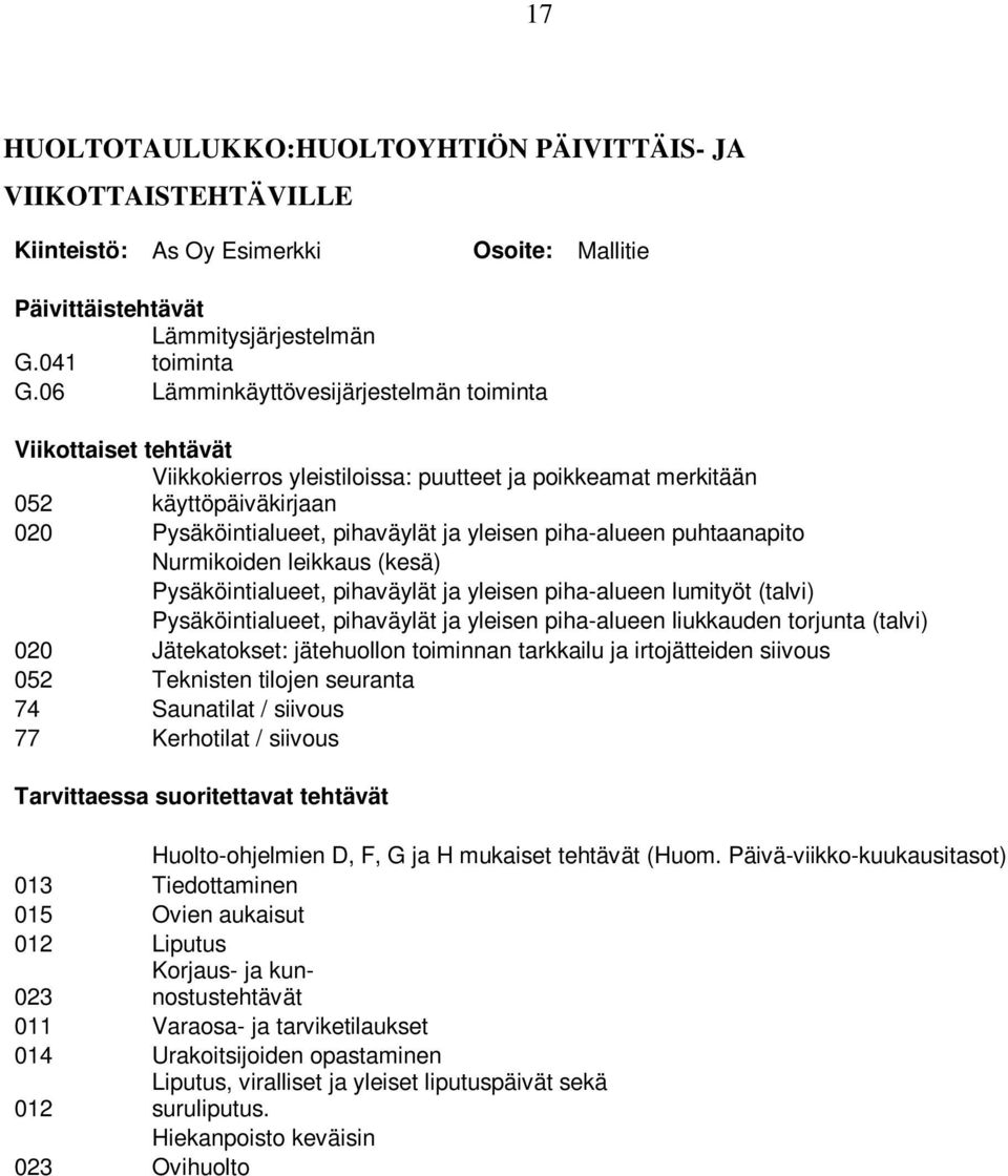 piha-alueen puhtaanapito Nurmikoiden leikkaus (kesä) Pysäköintialueet, pihaväylät ja yleisen piha-alueen lumityöt (talvi) Pysäköintialueet, pihaväylät ja yleisen piha-alueen liukkauden torjunta