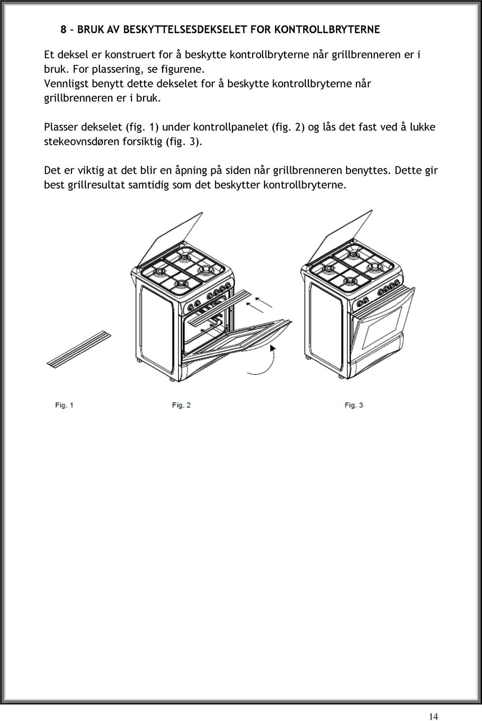 Plasser dekselet (fig. 1) under kontrollpanelet (fig. 2) og lås det fast ved å lukke stekeovnsdøren forsiktig (fig. 3).