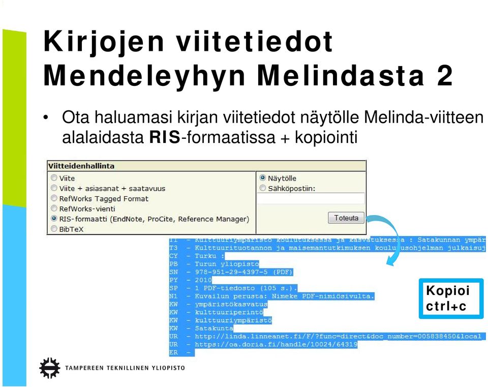 viitetiedot näytölle Melinda-viitteen