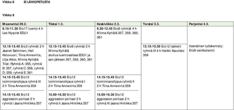 45 Ero3 ryhmät 2 h Jaanet Salminen, Heli Ketovuori, Tiina Annevirta, Lilja Aikio, Minna Kyttälä Tilat: Ryhmä A: 355, ryhmä B: 357, ryhmä C: 358, ryhmä D: 359, ryhmä E: 361 toiminnanohjaus ryhmä III