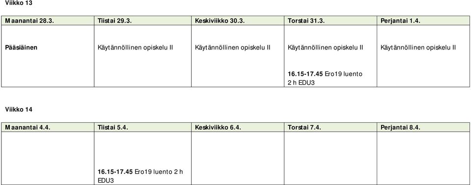 II Käytännöllinen opiskelu II 16.15-17.45 Ero19 luento 2 h EDU3 Viikko 14 Maanantai 4.4. Tiistai 5.