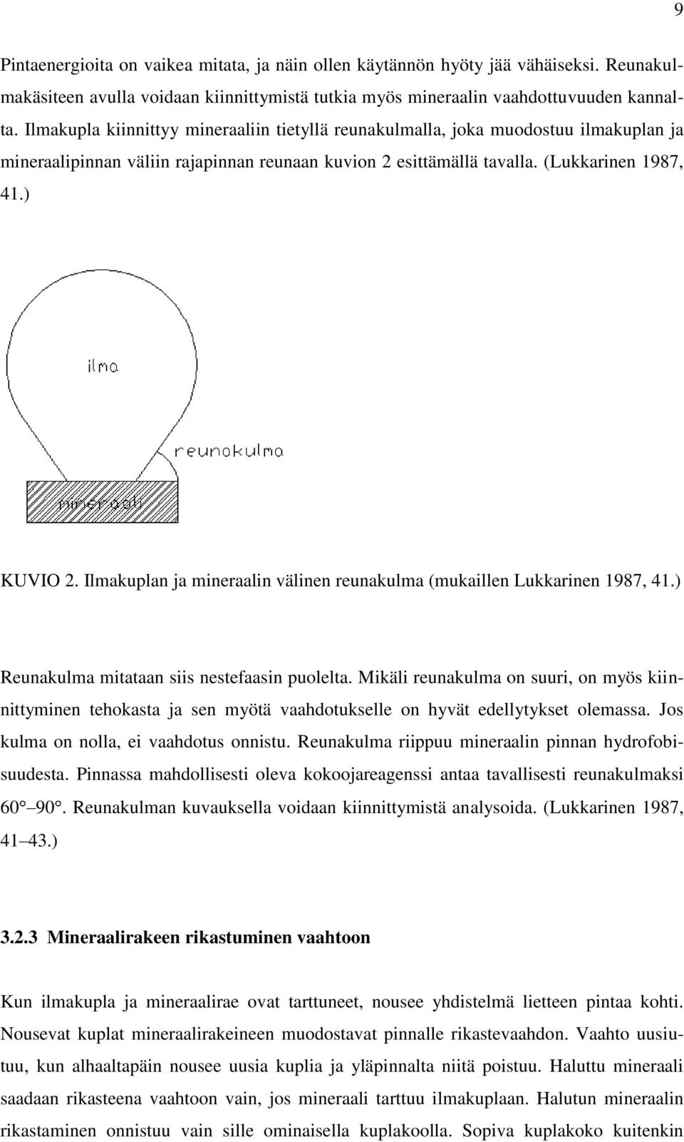 Ilmakuplan ja mineraalin välinen reunakulma (mukaillen Lukkarinen 1987, 41.) Reunakulma mitataan siis nestefaasin puolelta.