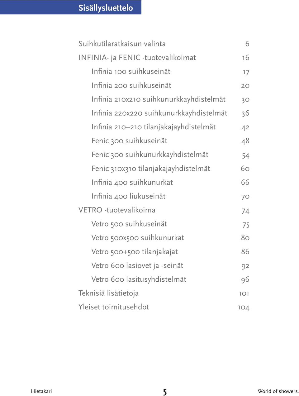 suihkunurkkayhdistelmät 54 Fenic 310x310 tilanjakajayhdistelmät 60 Infinia 400 suihkunurkat 66 Infinia 400 liukuseinät 70 VETRO -tuotevalikoima 74 Vetro 500