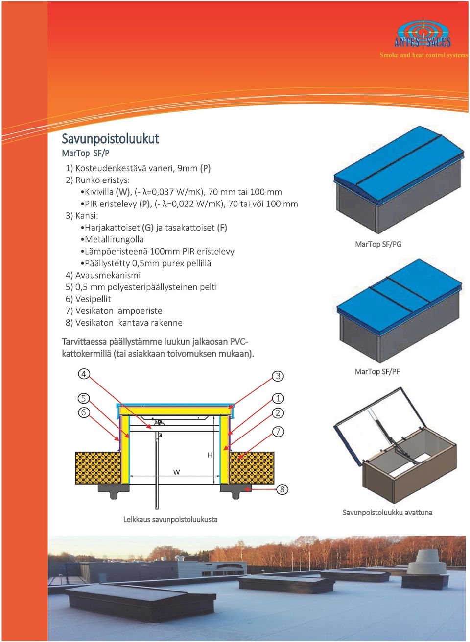 pellillä 4) Avausmekanismi 5) 0,5 mm polyesteripäällysteinen pelti 6) Vesipellit 7) Vesikaton lämpöeriste 8) Vesikaton kantava rakenne MarTop SF/PG Tarvittaessa
