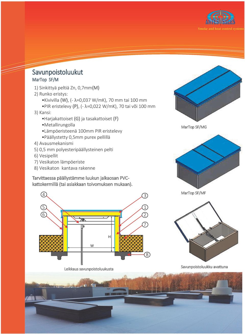 pellillä 4) Avausmekanismi 5) 0,5 mm polyesteripäällysteinen pelti 6) Vesipellit 7) Vesikaton lämpöeriste 8) Vesikaton kantava rakenne MarTop SF/MG
