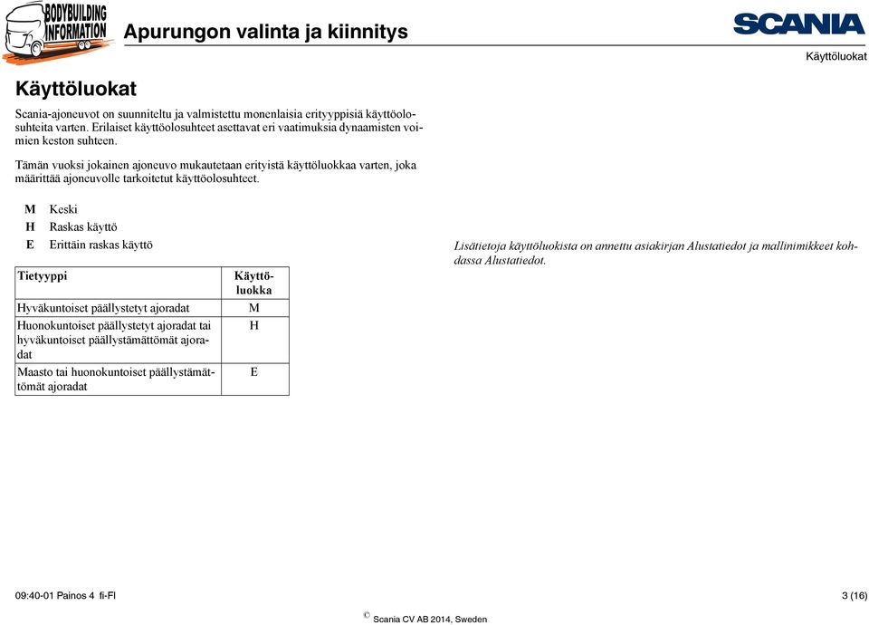 Tämän vuoksi jokainen ajoneuvo mukautetaan erityistä käyttöluokkaa varten, joka määrittää ajoneuvolle tarkoitetut käyttöolosuhteet.