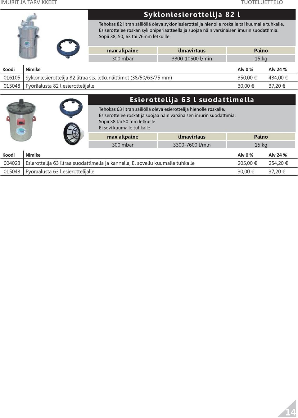 Sopii 38, 50, 63 tai 76mm letkuille max alipaine ilmavirtaus Paino 300 mbar 3300-10500 l/min 15 kg 016105 Sykloniesierottelija 82 litraa sis.