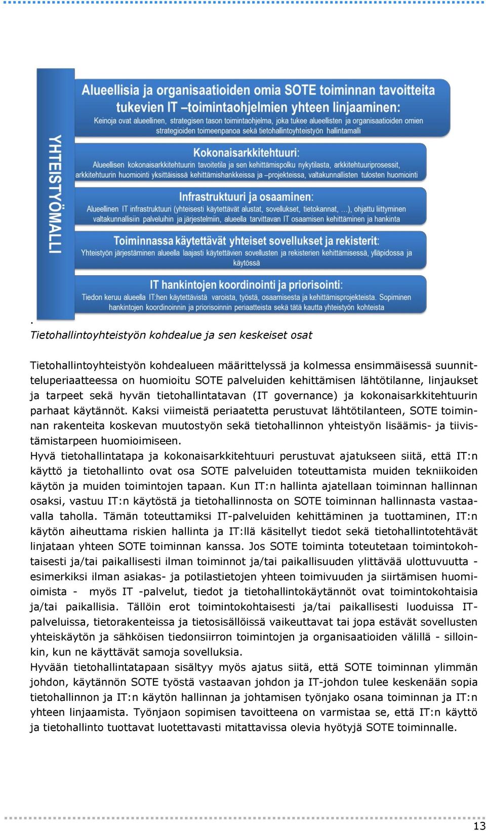 Kaksi viimeistä periaatetta perustuvat lähtötilanteen, SOTE toiminnan rakenteita koskevan muutostyön sekä tietohallinnon yhteistyön lisäämis- ja tiivistämistarpeen huomioimiseen.