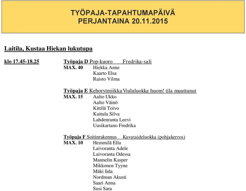 15 Aalto Ukko Aalto Väinö Kittilä Toivo Kuitula Silva Lahdenranta Leevi Uusikartano Fredrika Työpaja F Soitinrakennus