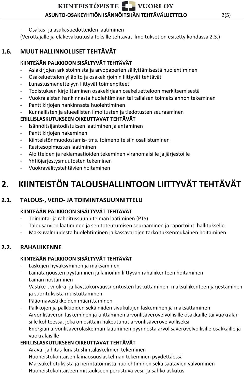 toimenpiteet - Todistuksen kirjoittaminen osakekirjaan osakeluetteloon merkitsemisestä - Vuokralaisten hankinnasta huolehtiminen tai tällaisen toimeksiannon tekeminen - Panttikirjojen hankinnasta