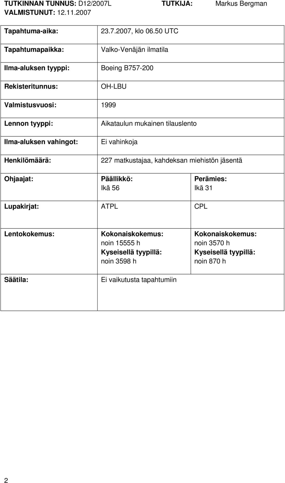 Henkilömäärä: Aikataulun mukainen tilauslento Ei vahinkoja 227 matkustajaa, kahdeksan miehistön jäsentä Ohjaajat: Päällikkö: Ikä 56 Perämies: Ikä 31