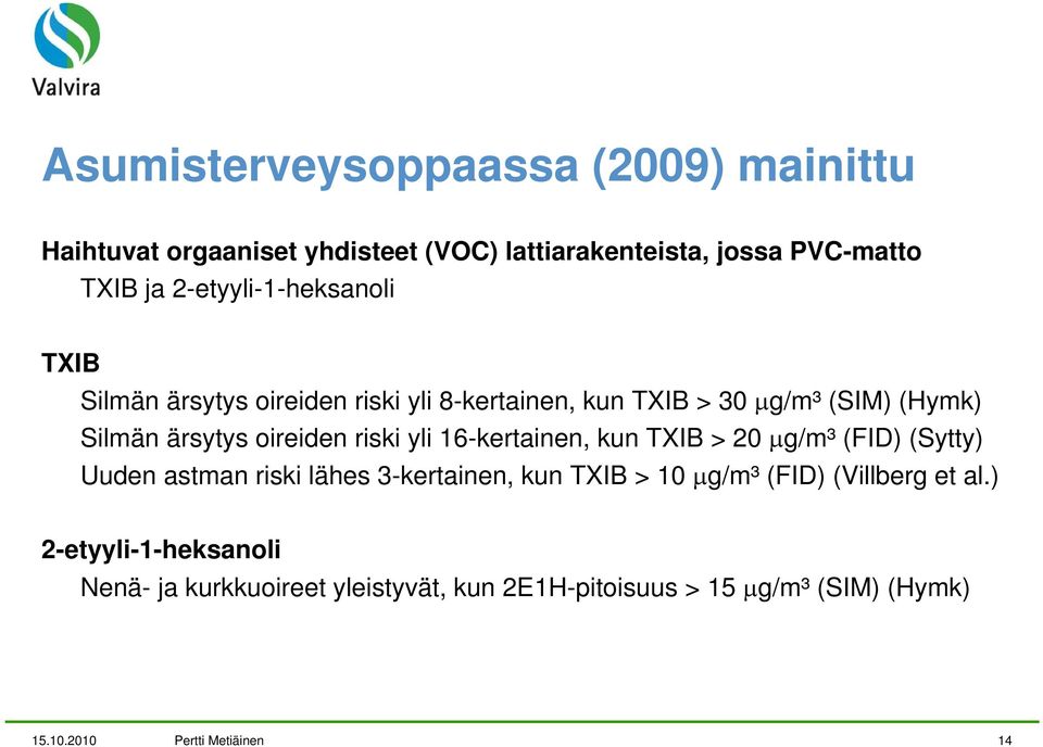 oireiden riski yli 16-kertainen, kun TXIB > 20 μg/m³ (FID) (Sytty) Uuden astman riski lähes 3-kertainen, kun TXIB > 10 μg/m³