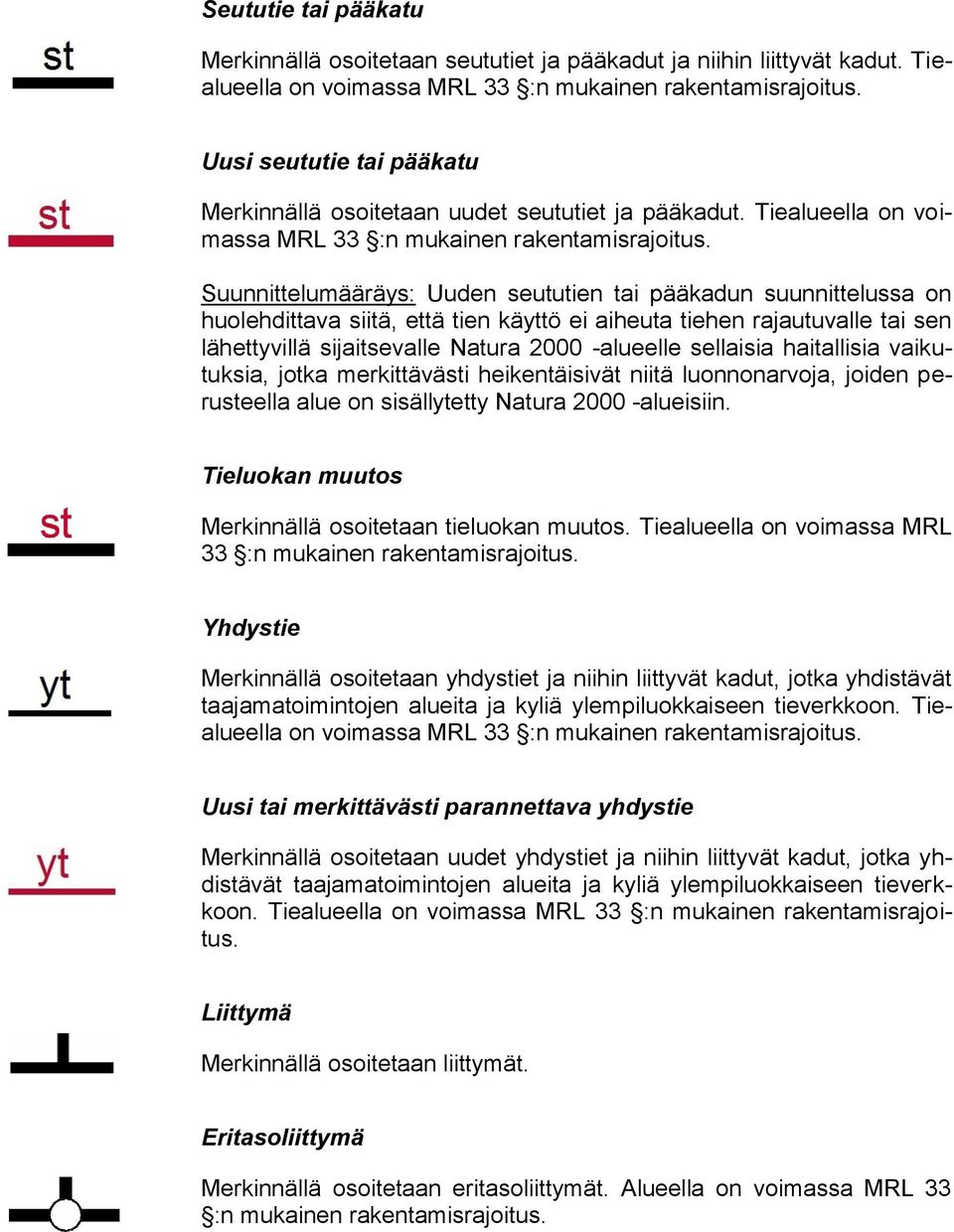 Suunnittelumääräys: Uuden seututien tai pääkadun suunnittelussa on huolehdittava siitä, että tien käyttö ei aiheuta tiehen rajautuvalle tai sen lähettyvillä sijaitsevalle Natura 2000 -alueelle