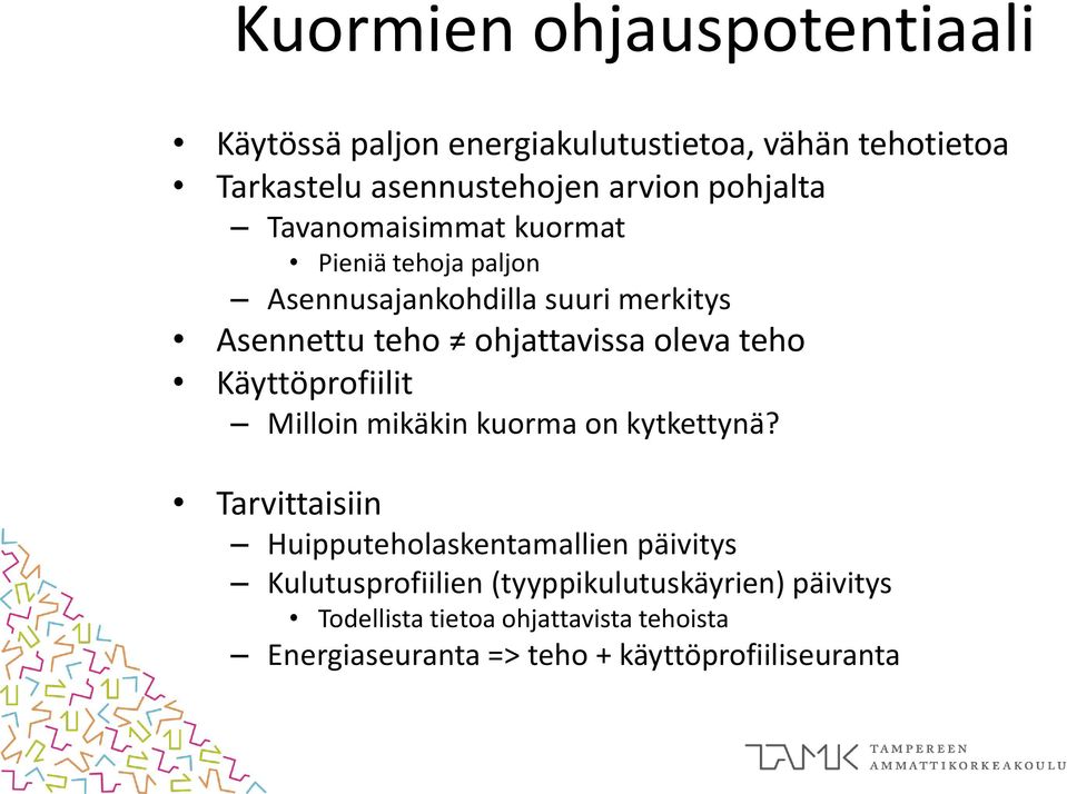 oleva teho Käyttöprofiilit Milloin mikäkin kuorma on kytkettynä?
