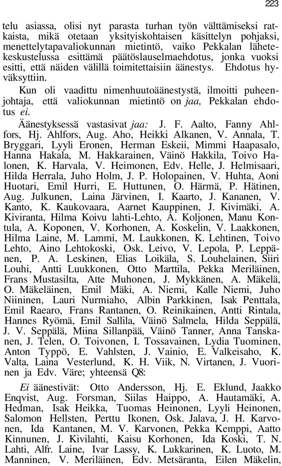 Kun oli vaadittu nimenhuutoäänestystä, ilmoitti puheenjohtaja, että valiokunnan mietintö on jaa, Pekkalan ehdotus ei. Äänestyksessä vastasivat jaa: J. F. Aalto, Fanny Ahlfors, Hj. Ahlfors, Aug.