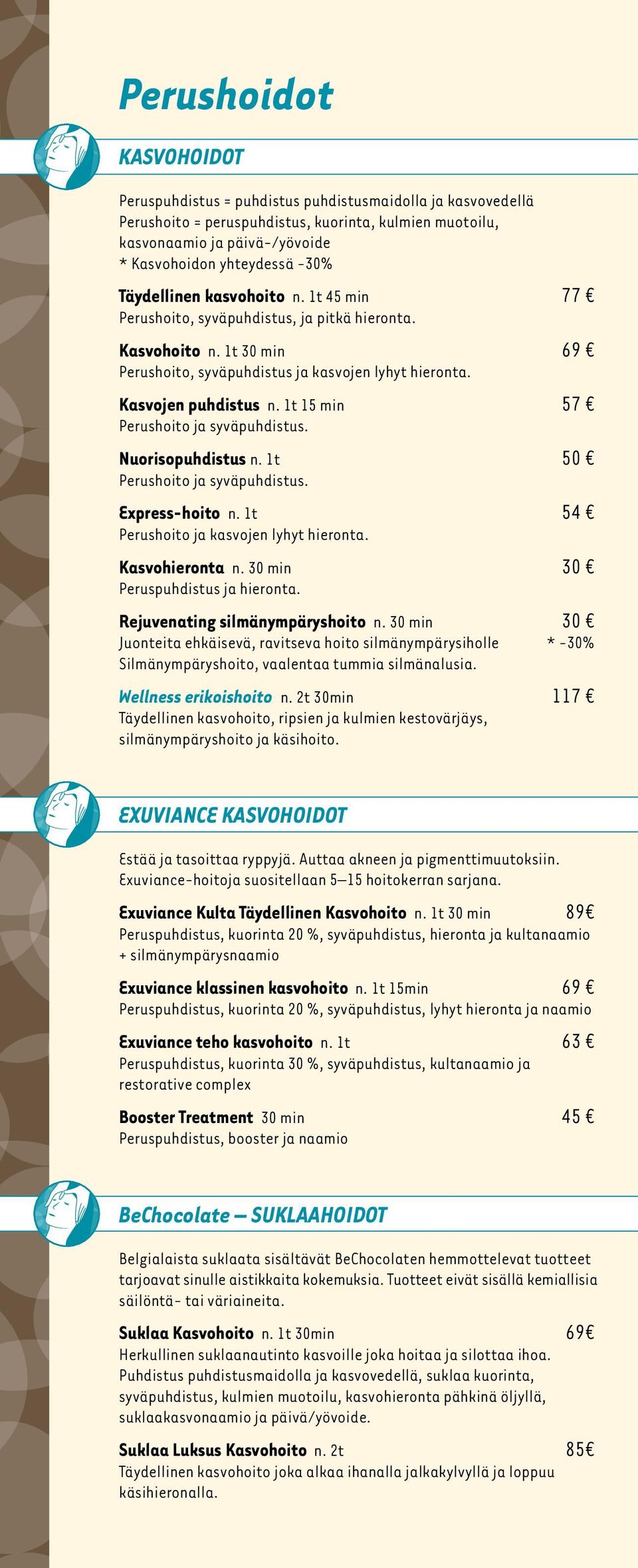 1t 15 min 57 Perushoito ja syväpuhdistus. Nuorisopuhdistus n. 1t 50 Perushoito ja syväpuhdistus. Express-hoito n. 1t 54 Perushoito ja kasvojen lyhyt hieronta. Kasvohieronta n.
