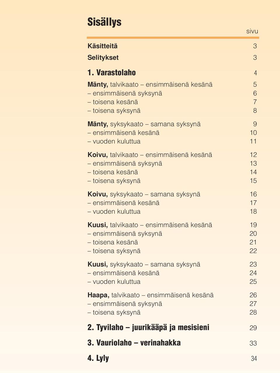 Koivu, talvikaato ensimmäisenä kesänä 12 ensimmäisenä syksynä 13 toisena kesänä 14 toisena syksynä 15 Koivu, syksykaato samana syksynä 16 ensimmäisenä kesänä 17 vuoden kuluttua 18 Kuusi,