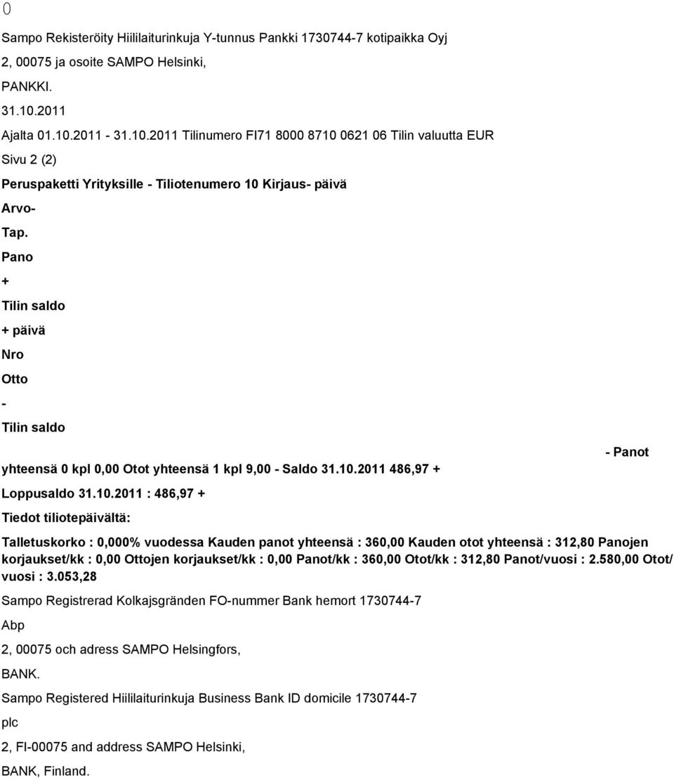 2011 486,97 + Loppusaldo 31.10.