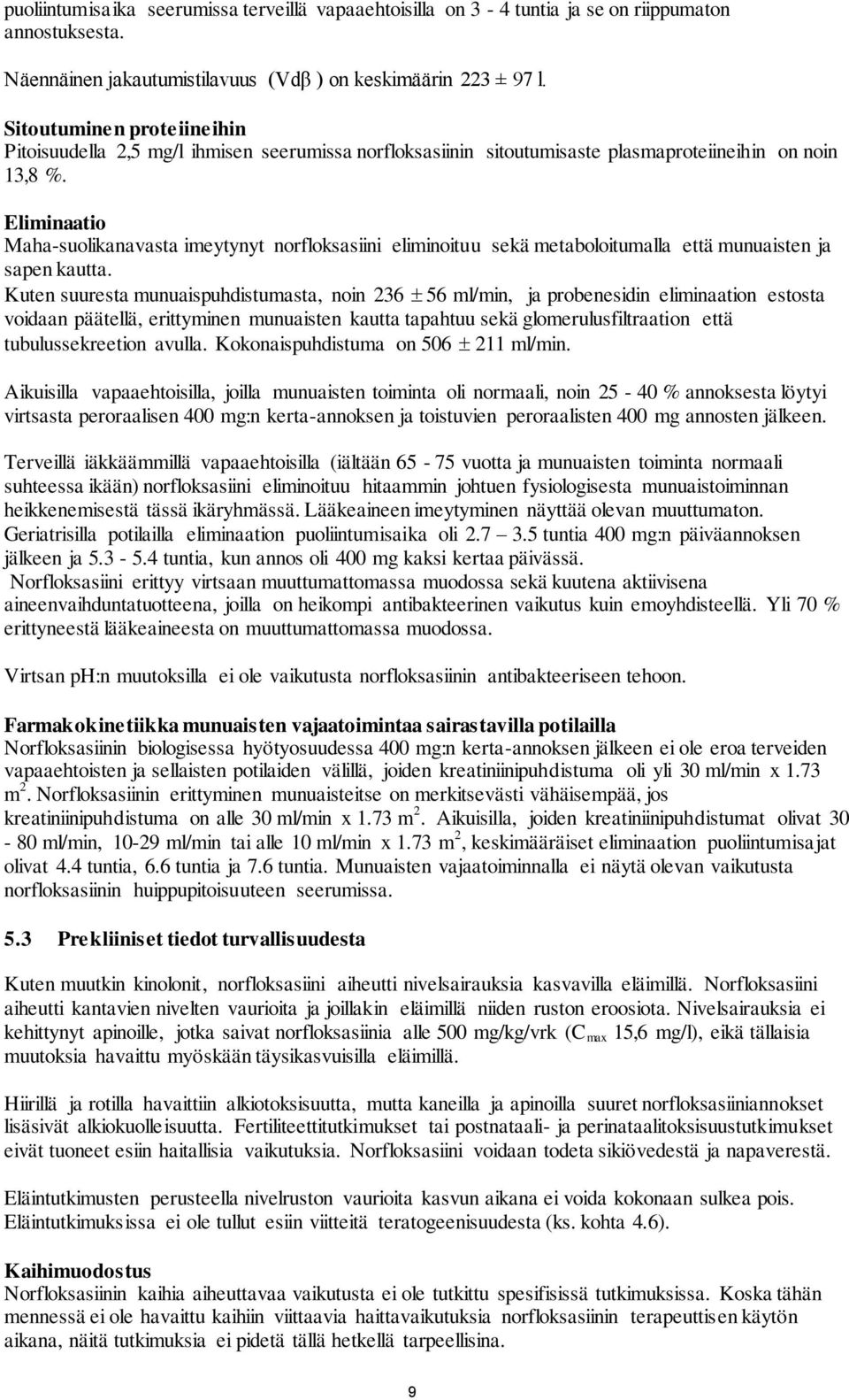 Eliminaatio Maha-suolikanavasta imeytynyt norfloksasiini eliminoituu sekä metaboloitumalla että munuaisten ja sapen kautta.