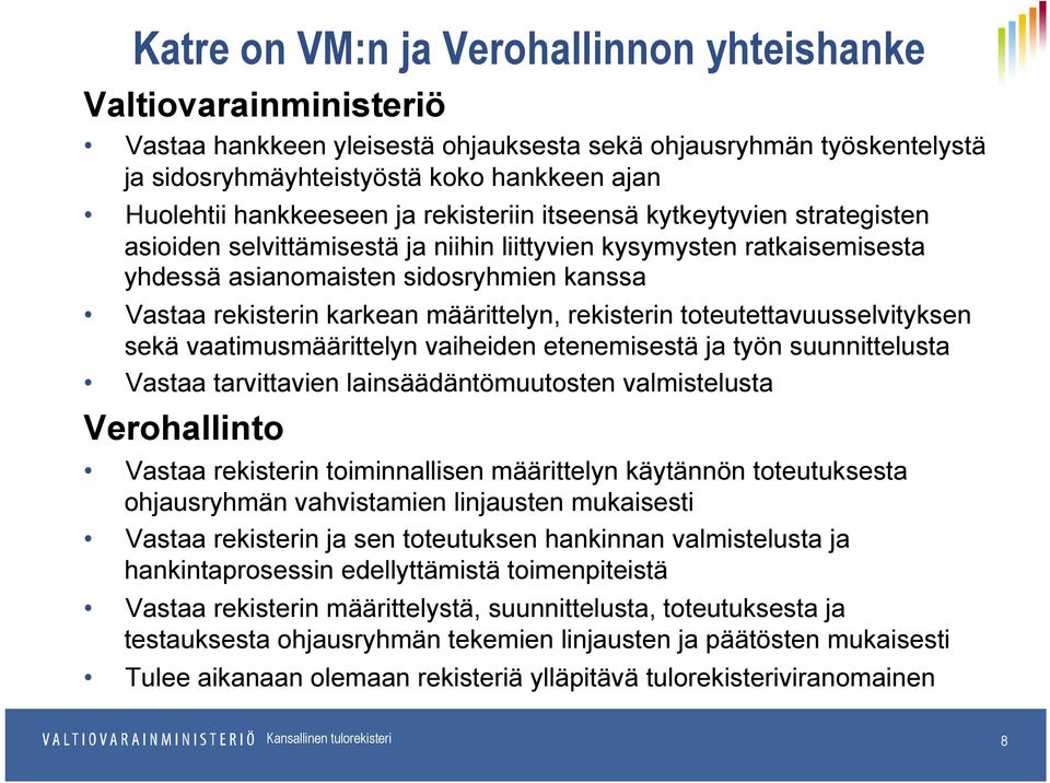 karkean määrittelyn, rekisterin toteutettavuusselvityksen sekä vaatimusmäärittelyn vaiheiden etenemisestä ja työn suunnittelusta Vastaa tarvittavien lainsäädäntömuutosten valmistelusta Verohallinto