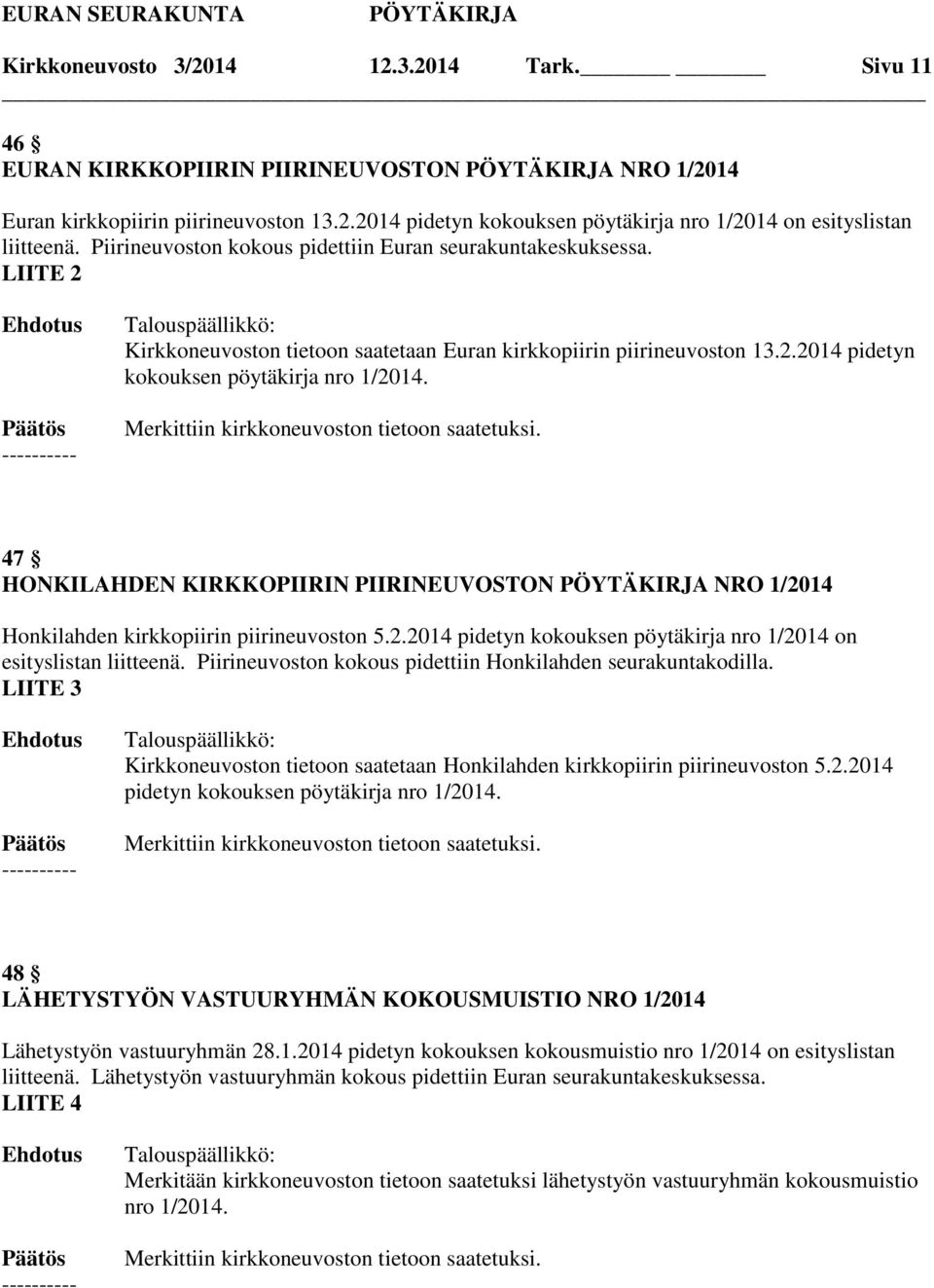 47 HONKILAHDEN KIRKKOPIIRIN PIIRINEUVOSTON NRO 1/2014 Honkilahden kirkkopiirin piirineuvoston 5.2.2014 pidetyn kokouksen pöytäkirja nro 1/2014 on esityslistan liitteenä.